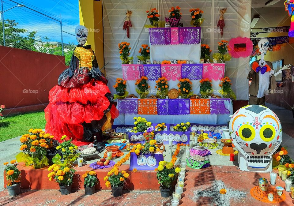 altar of the dead,colorful,cempasuchil,tradition,México,catrina, catrin,day of the dead,chinese paper