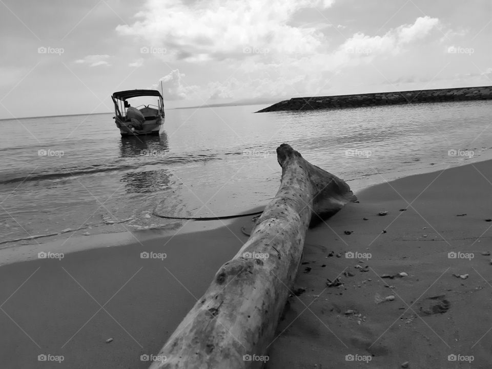 Monochrome style of a big long trunk and a fishing boat