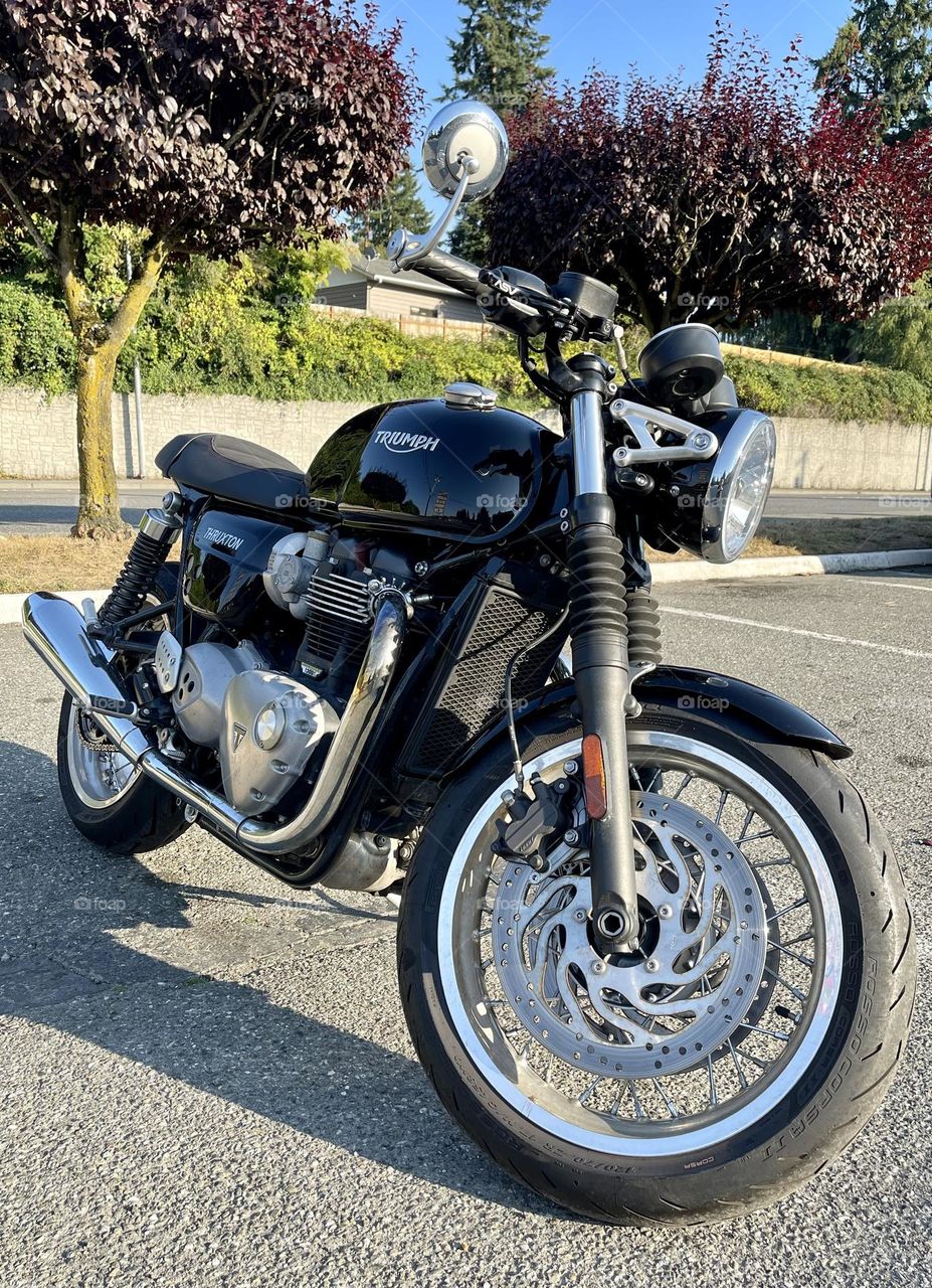 Black motorcycle at the parking lot 