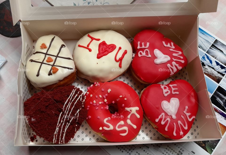 Valentine donuts, love, kiss, be mine, red strawberry, red velvet, honeycomb, cream and iciing