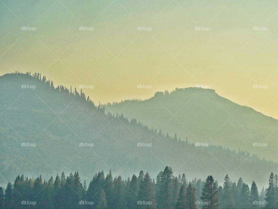 Forested slopes of Sierra mountains under hazy sky