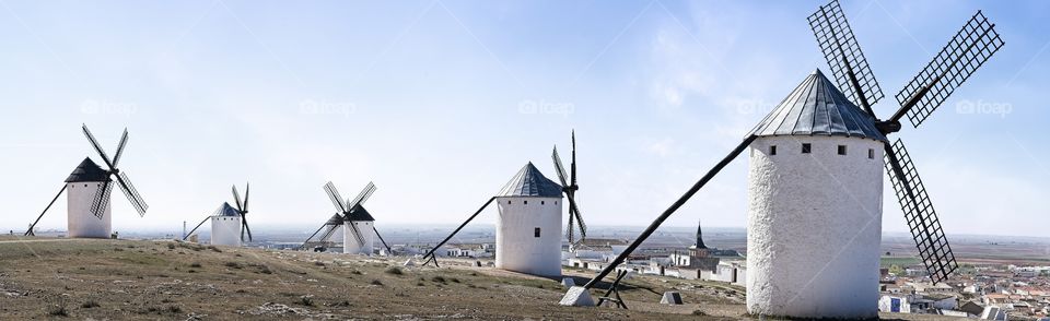 Panoramic view of traditional windmills in Spain 