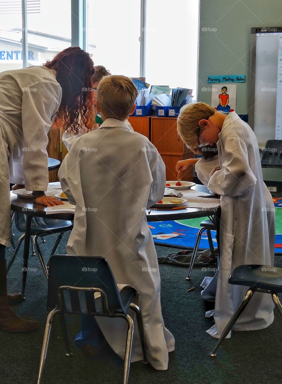 Young Scientists. Children In Lab Coats Working On Classroom Science Project
