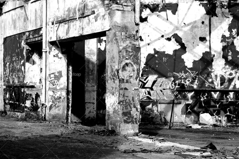 Contrast graffiti . Graffiti and destruction at a derelict building in Lancashire 