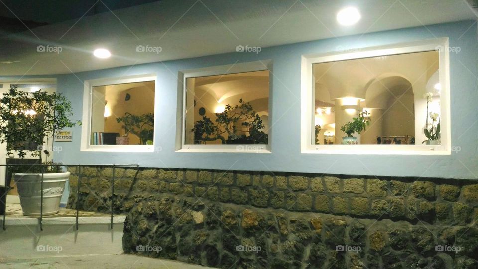 squared windows with soft lights of a hotel hall