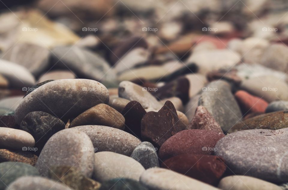 A rocky shore. Just a bunch of rocks on a rocky beach at the seashore. Close up and detail.