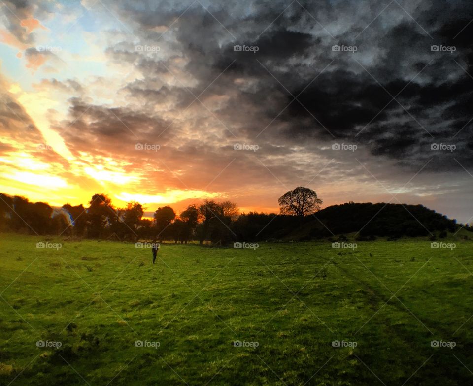 Sunset on New Year’s Eve at Dowth burial mound in Ireland 