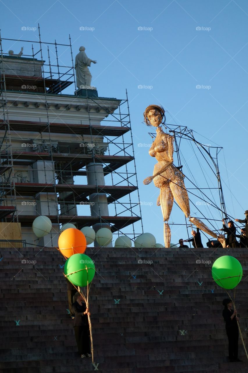 Eight meters tall wooden giant. Eight meters tall willow giants by group Cie l'Homme debout at the 2015 Nights of the Arts festival in Helsinki, Finland
