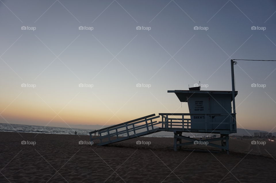 venice beach, lifeguard tower at sunset