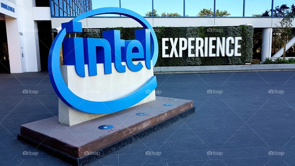 Intel logo at main building entrance in Silicon Valley