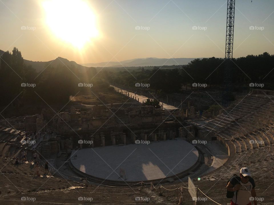 Ephesus ancient city. Sightseeing in Turkey. Hot sunny day in Kusadasi. Ancient ruins of historic places. To travel is to live. 