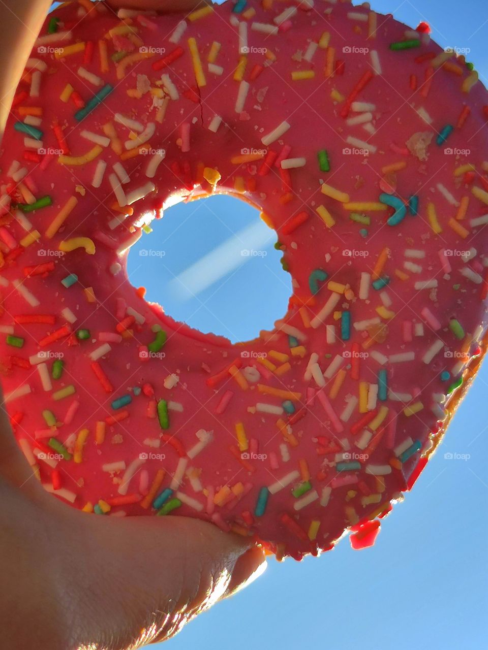 A female hand holds a multicolored donut on a background of blue sky.  A white stripe from a flying plane is visible in the donut hole