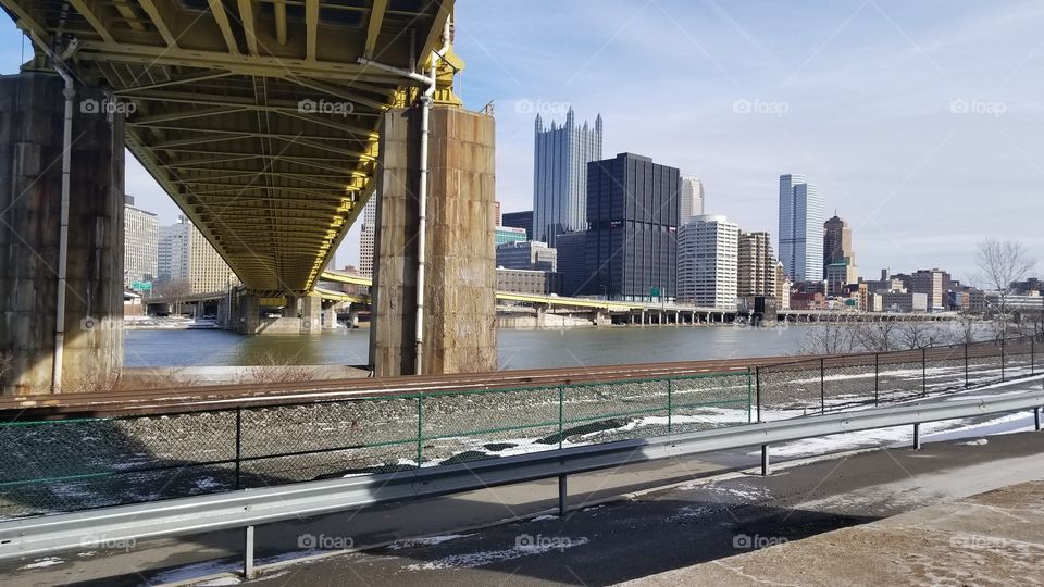 Pittsburgh cityscape from under a brige