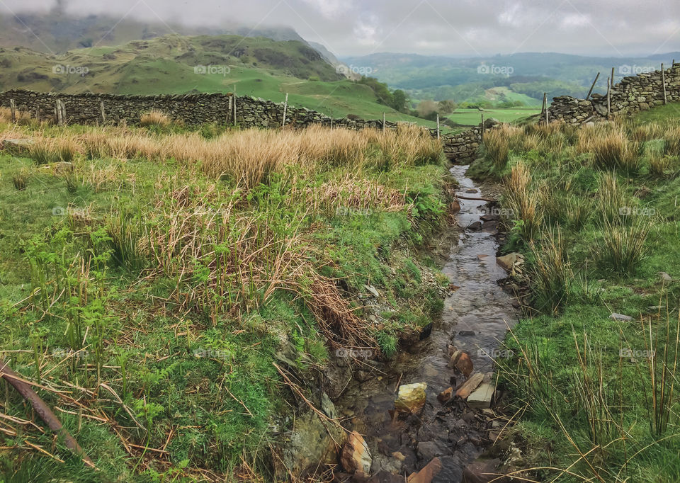 A view in the Lake District of a stream leading to green fields and misty hills 