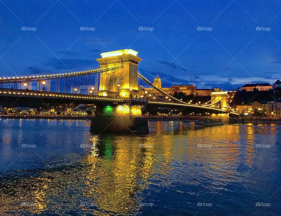 After the sunset, looking at the Chain Bridge in Budapest over the Danube River. 