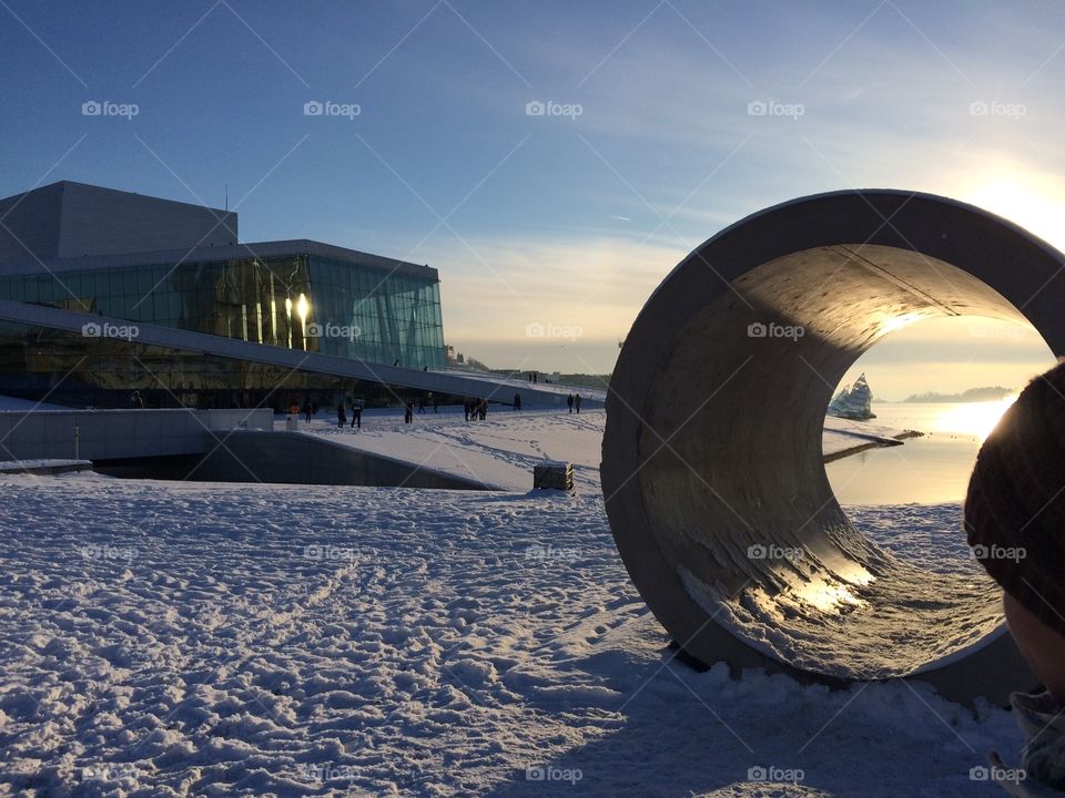 Foreground: art installation in Oslo, Norway
Background: Oslo Operahouse