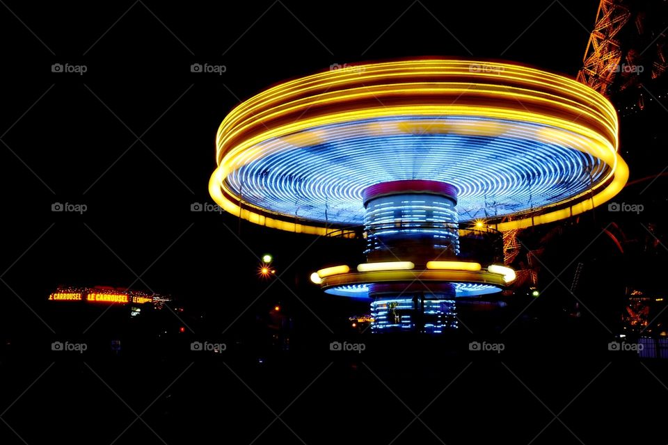 Carousel at night, long exposure carousel, lighted carousel in Paris, long exposure photography, city of lights, Paris carousel at the Eiffel Tower 