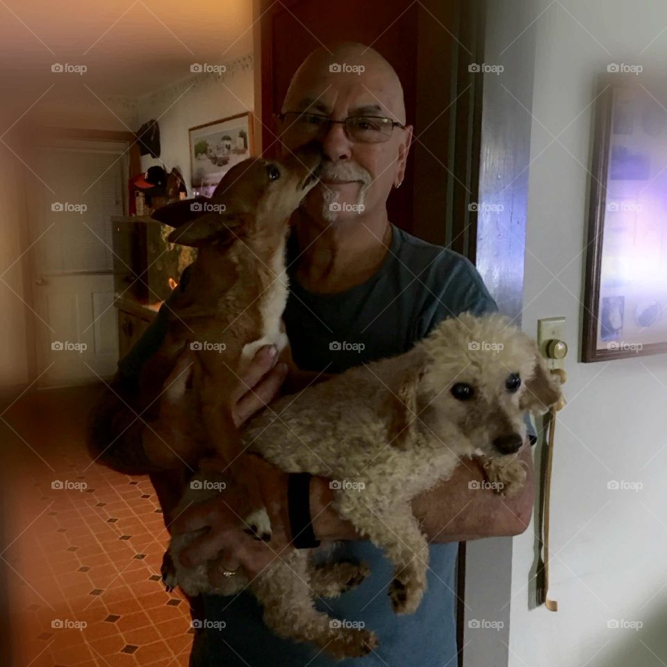 Man holding two dogs at same time while standing in a doorway. Dogs are his beloved pets🐾and were both rescued.
