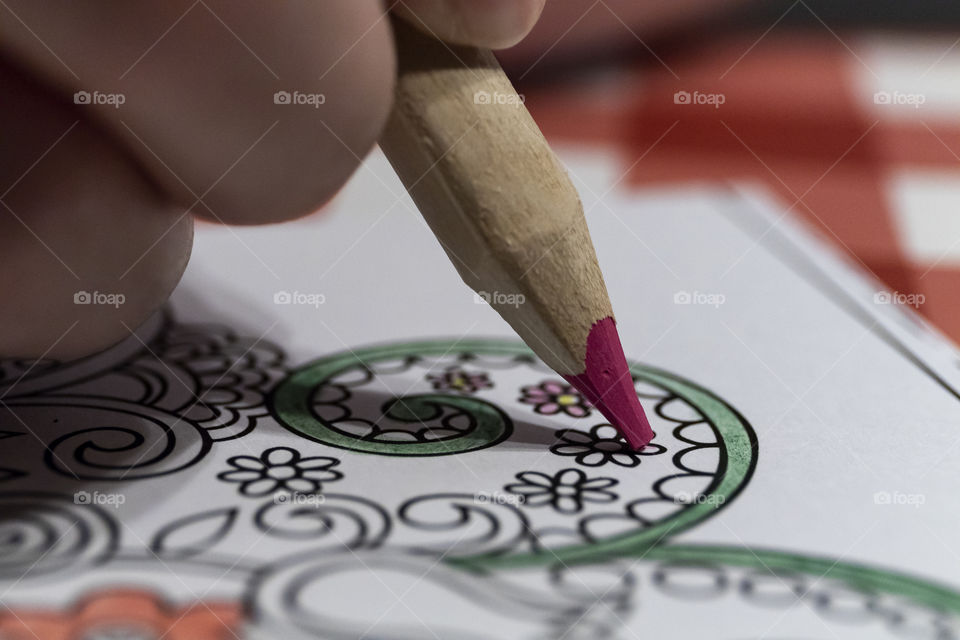 Coloring for adults. Coloring a drawing with a red pencil. It is a relaxing hobby which really clears the mind.