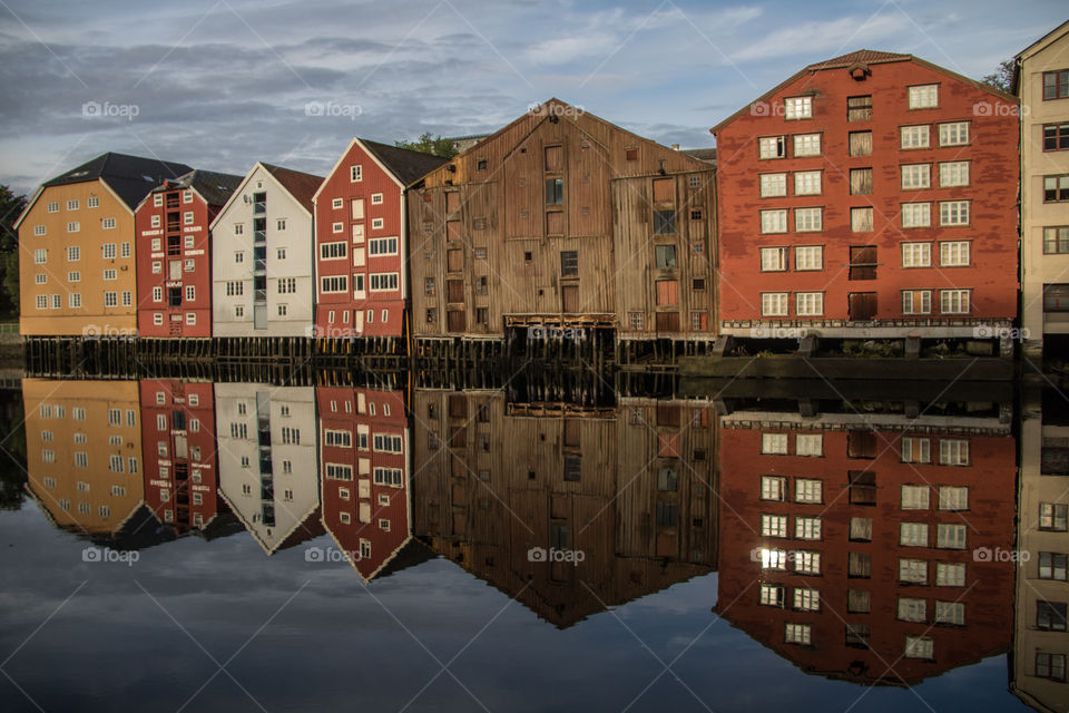 Reflections on the still Nidelva River in Trindheim