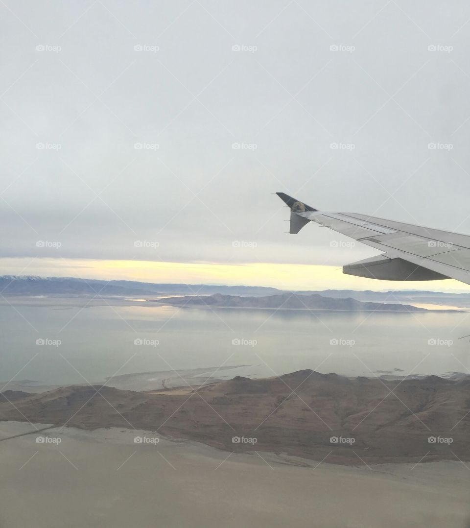 Aerial view from a plane over the Salt Lake in Utah during winter.