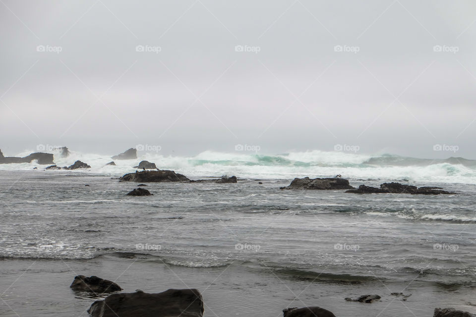 Rocky and foggy coast, waves crashing