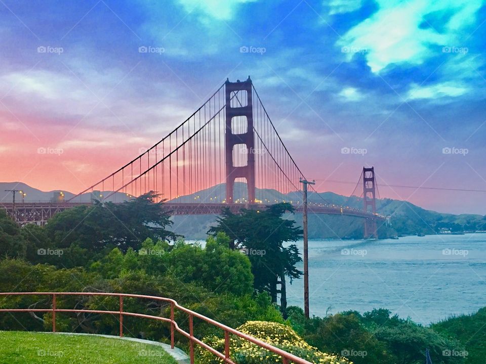 #san Francisco #colorful-skies #long #red #bridge #water #trees #landscape #beautiful #famous #breathtaking  