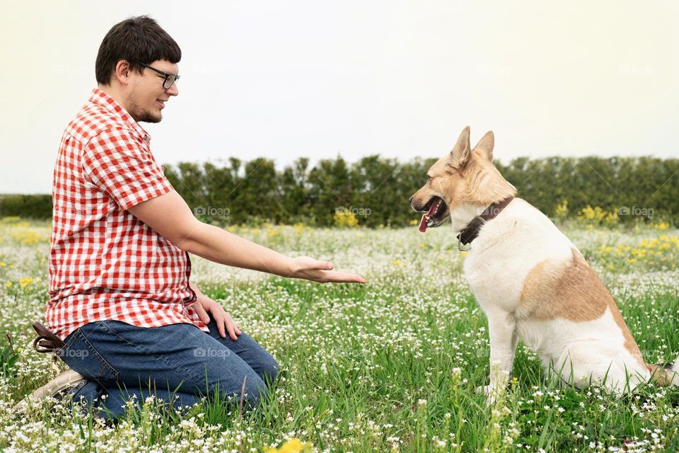 man and dog walking