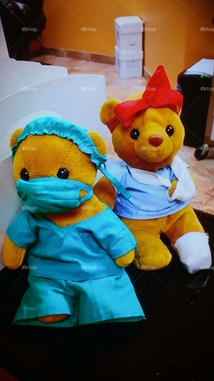 Dr. Teddy Bear and Patient. Counter at a Vegas Doctor 2 bears dressed as a Dr.  & patient.