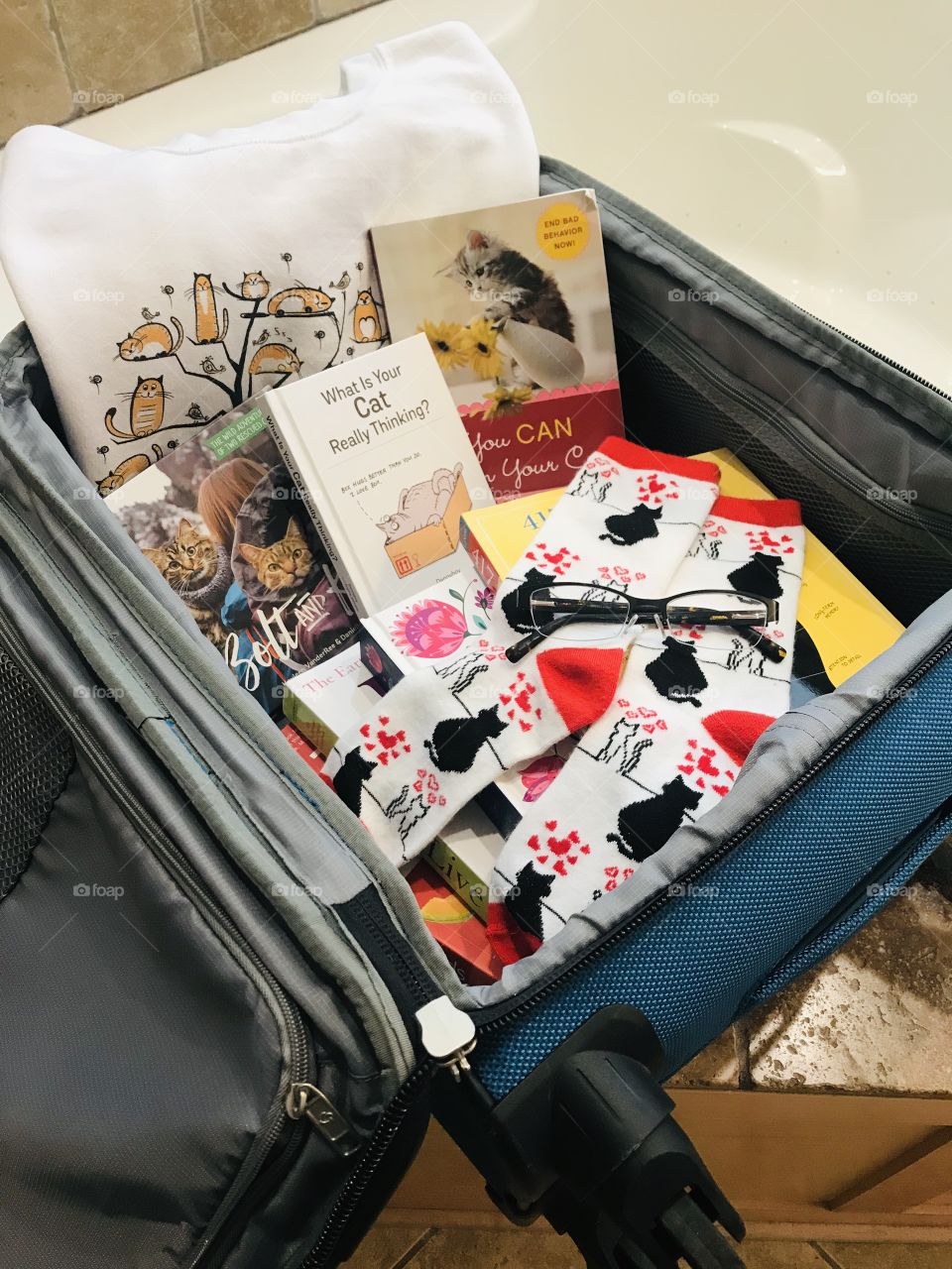 Let’s get ready to travel with best feel good cat reads, reading glasses, and favorite cozy kitty sweatshirt and socks for reading! 