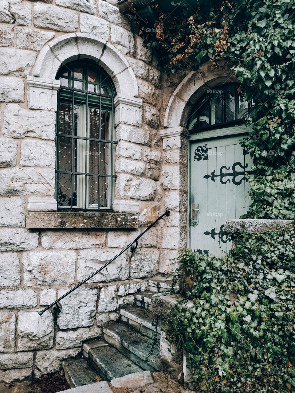 Stairs leading to wooden door on old manor with ivy