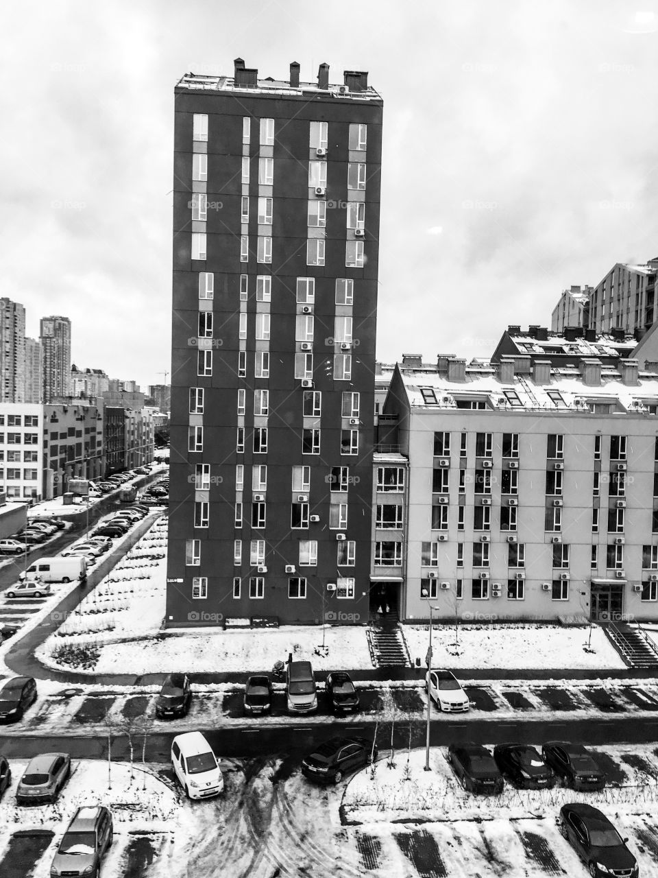 Kiev city, Ukraine. Modern building. Architecture. Black and white picture of houses. 