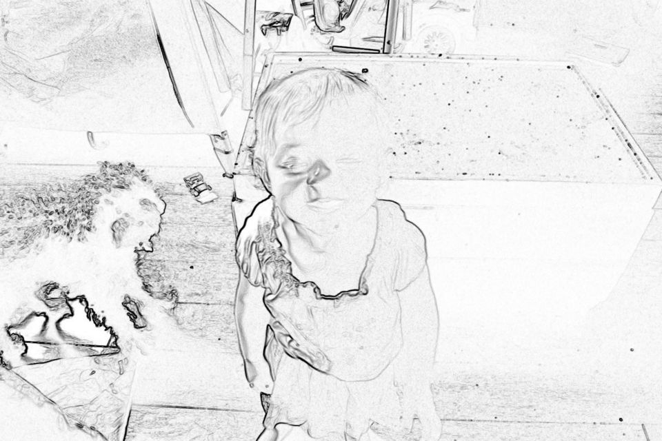 Toddler  and her Toy Poodle - Digital Sketch  