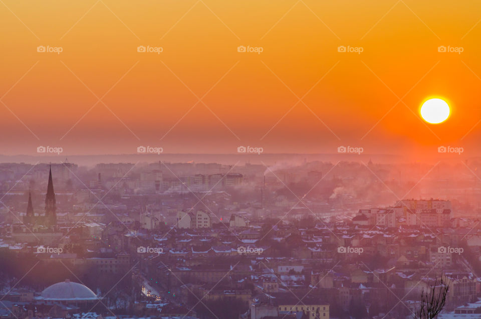 Lviv cityscape during the sunset