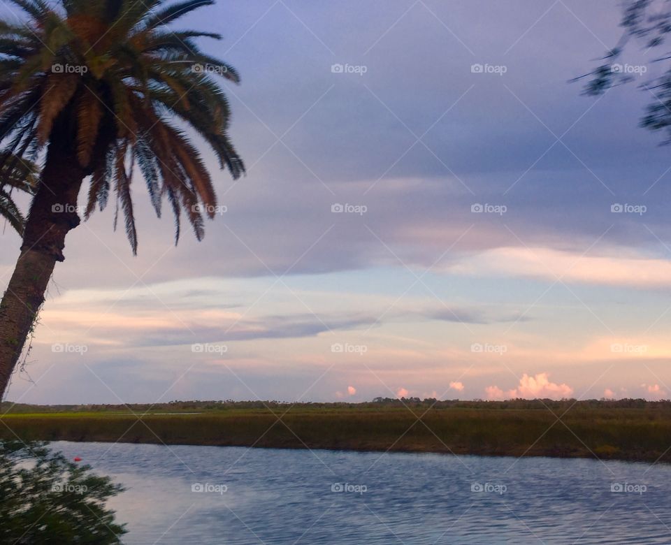 Scenic drive at sunset along Florida's intercoastal and rivers. Sky reflection in water with palm trees.