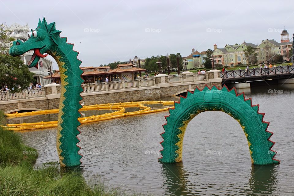 lego loch ness. nessie constructed out of legos in the water at downtown disney in orlando, florida