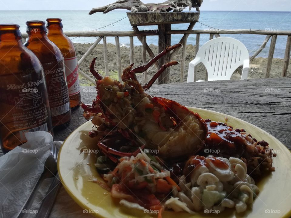 Lobster and beer in Jamaica