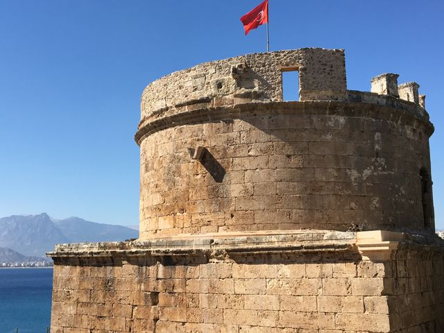 Antalya Old Tower with Turkish flag