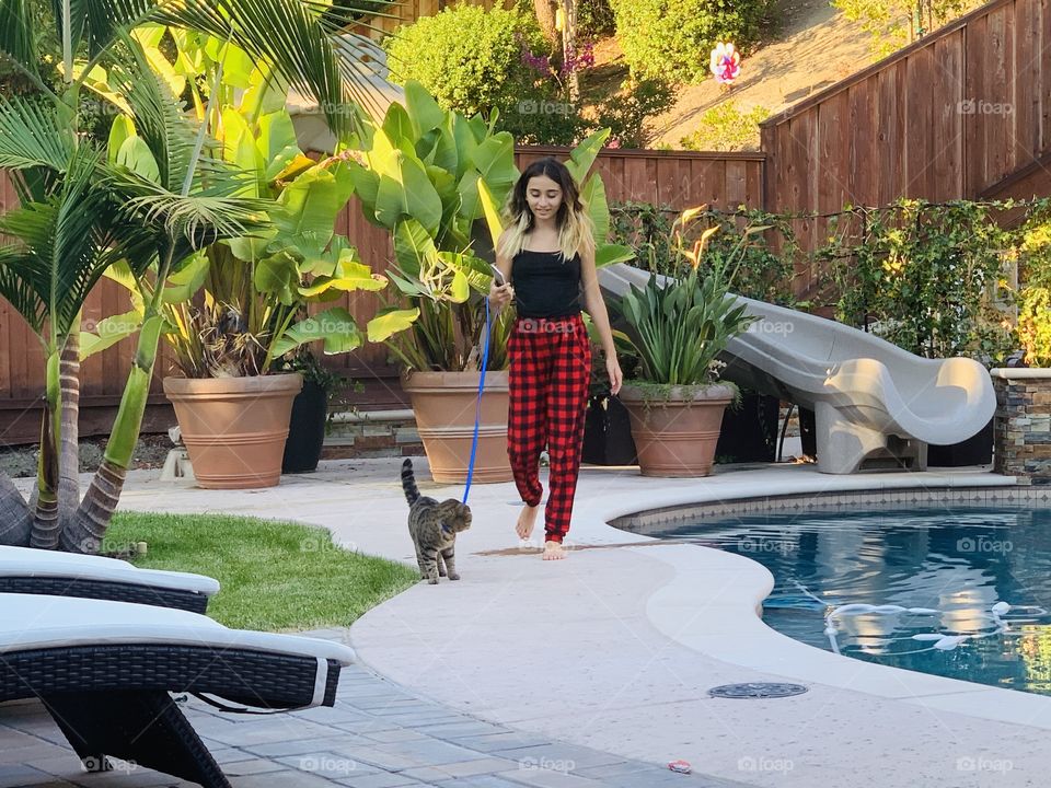 Our cat, Tiger, is a lot like a dog. He walks on a leash and plays fetch. Walked here in our backyard by my, 11 year old daughter, Ashley.