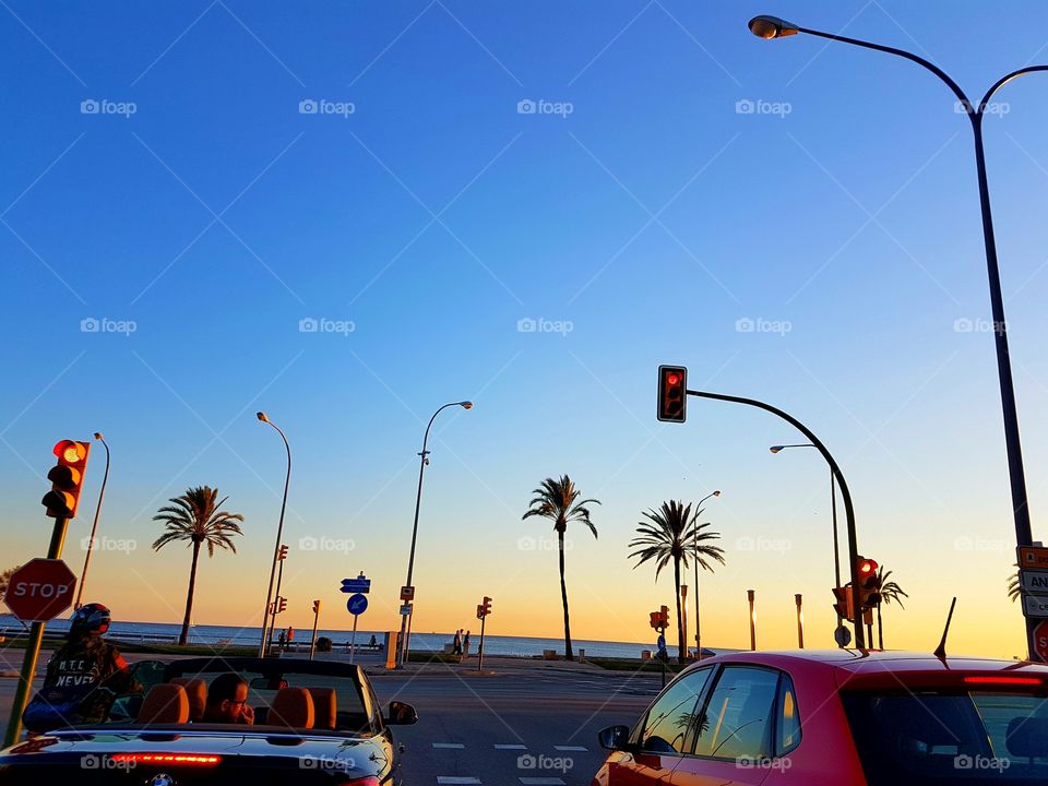 Breathtaking sunrise / sunset on a wonderful summer evening on a warm holiday day in Spain on the island of Majorca in Palma