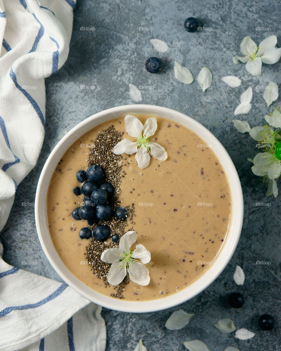 High angle view of blueberry smoothie