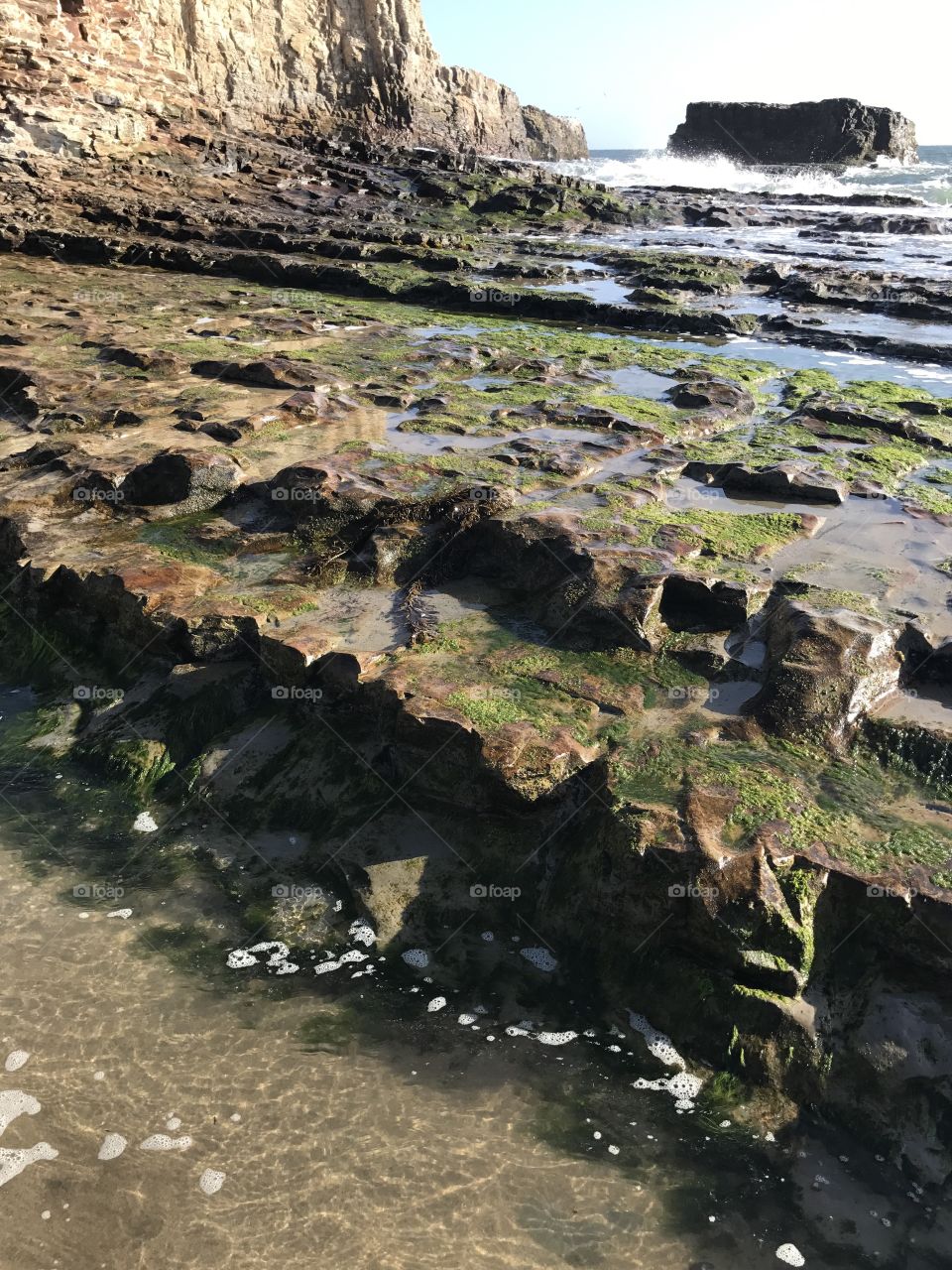 The mossy rocks like steps from the roaring ocean down to the sandy beach. The waves crash in and trickle down into a shallow pool on the shoreline. 