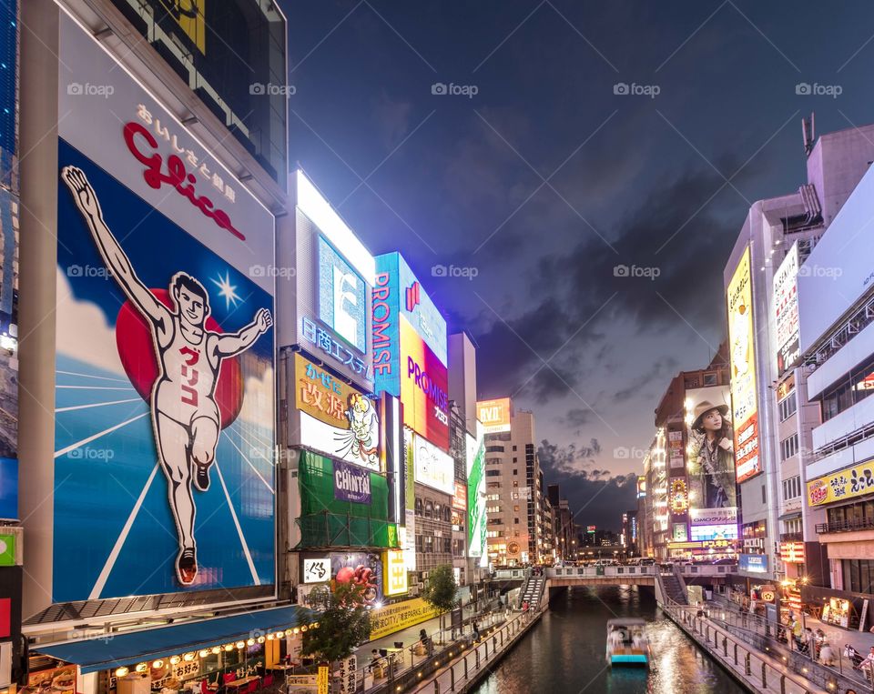 Sunset along dotonburi canal, Osaka, Japan