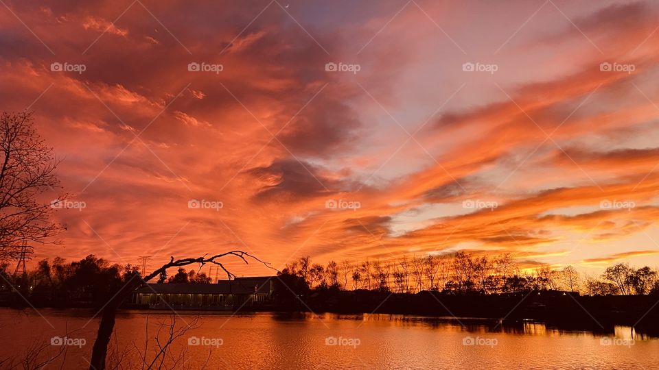 After waiting for the Sky to open up and produce the fiery Red, Orange Sky. It appears that the shore Landscape is on Fire. Beautiful Colors Captivating Clouds streak across the Night Sky.