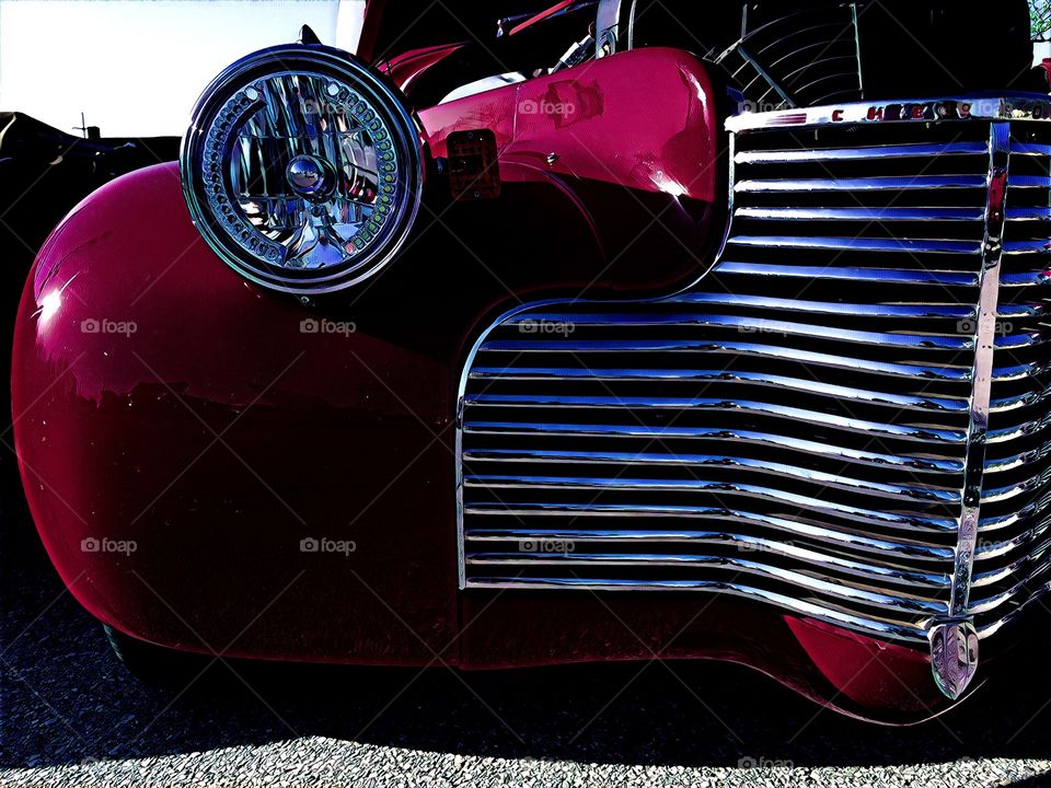 Vintage Car Front End With Grill And Headlights