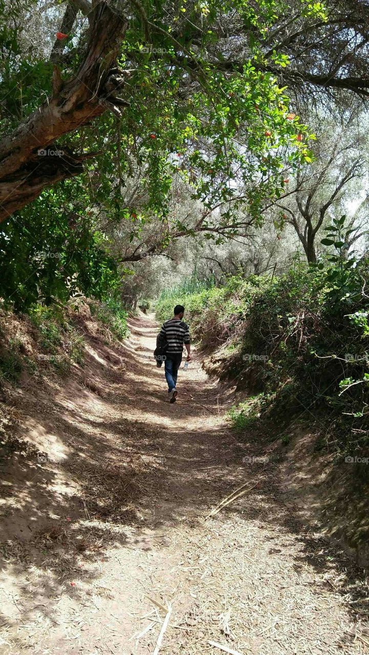 Travel destination:  a young man in rural street.