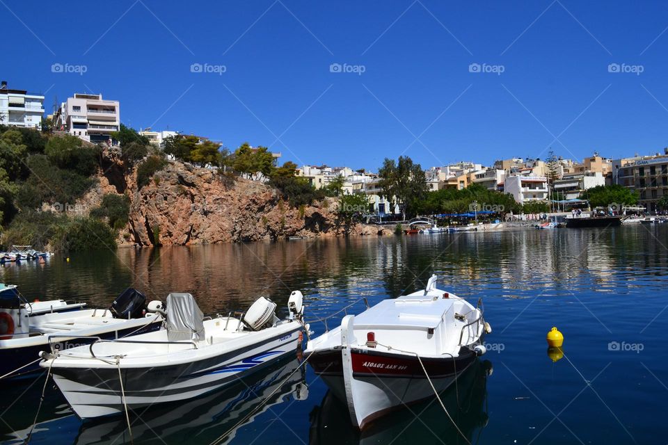 Boat station sea port. Summer landscape Crete island Greece