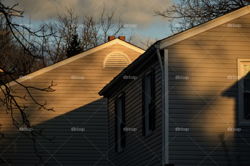 Close up landscape residential neighborhood at golden hour