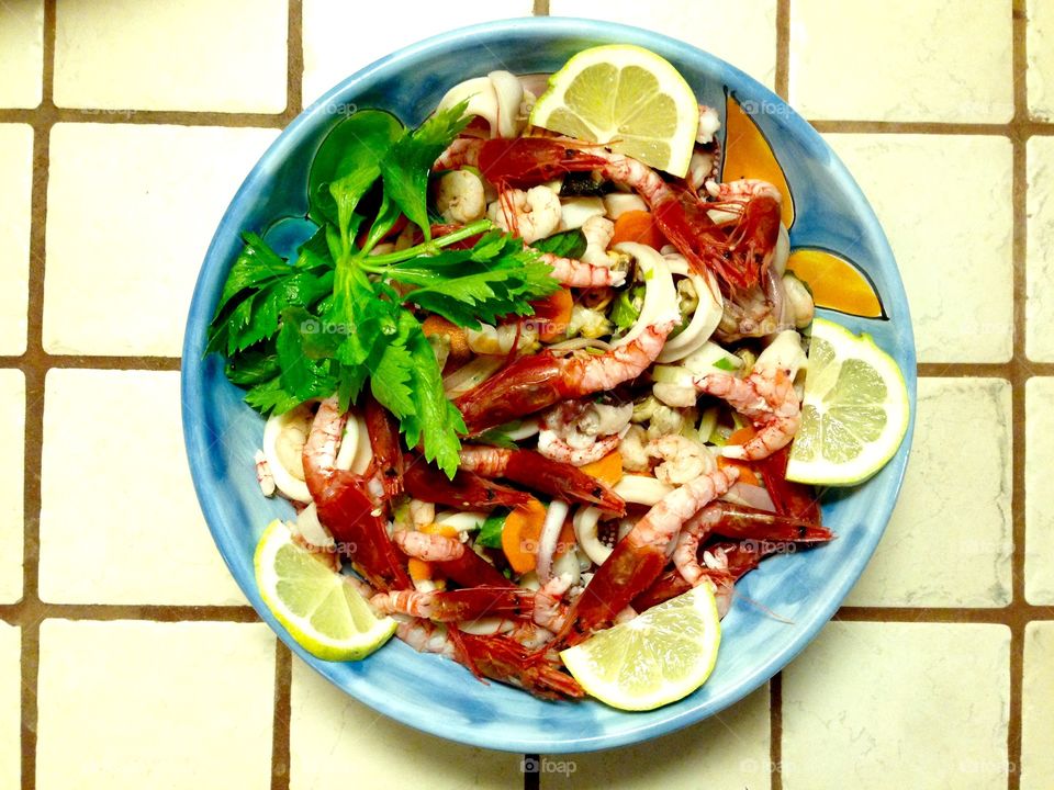 High angle view of sea food in plate