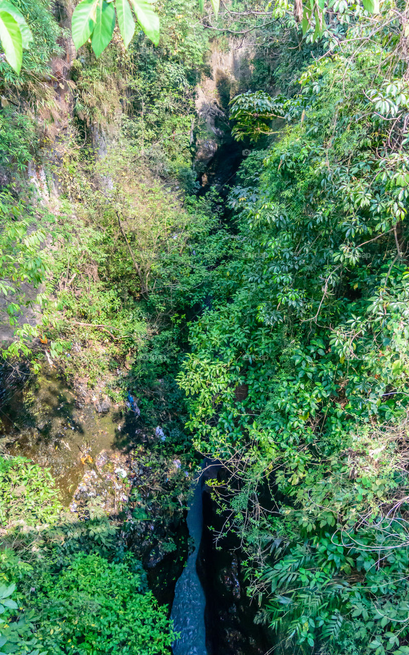 A gorge is a deep channel formed by a river that has eroded the earth's crust over millions of years. This George is large and visible from top. It has a steep banks where the river has cut through the earth.
